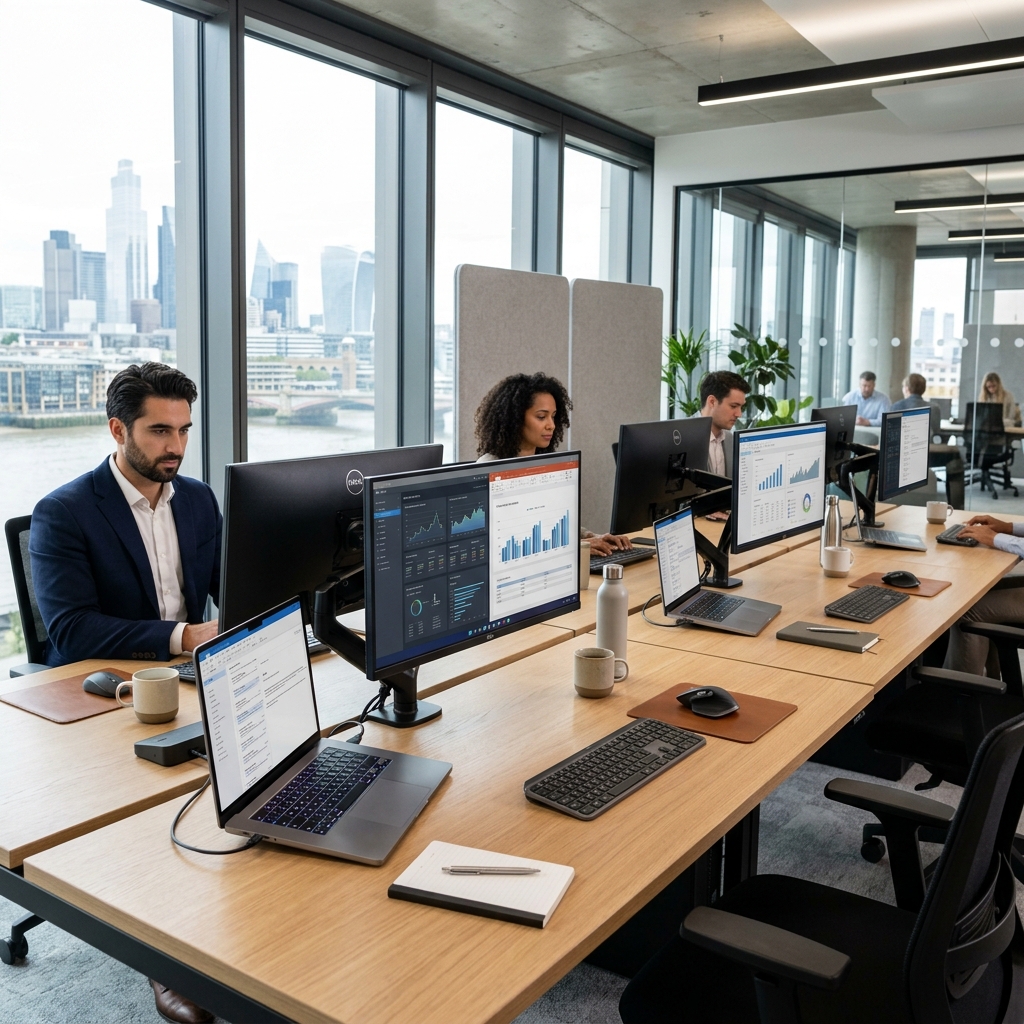 Corporate office rows of rented business laptops